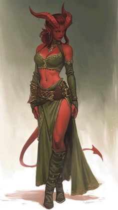 a woman in a green outfit with horns and tail, standing next to a demon