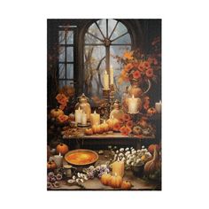 a painting of candles, flowers and pumpkins on a table with an open window