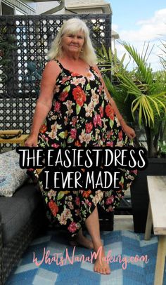 a woman in a floral dress sitting on a couch with the words, the fastest dress i ever made