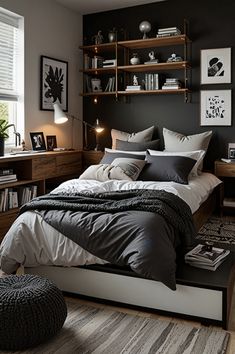 a bed sitting in a bedroom next to a window with lots of books on it