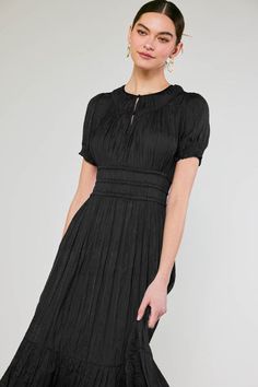 Brooklyn Pleated Midi Dress Black Short Sleeve Dress With Pleated Waist, Black Midi Dress With Gathered Waist For Evening, Chic Short Sleeve Dresses With Crinkle Texture, Chic Short Sleeve Crinkle Texture Dress, Black Pleated Midi Dress With Short Sleeves, Black Midi Dress With Gathered Neckline, Black Wedding Guest Outfits, Black Shade, Pleated Midi Dress