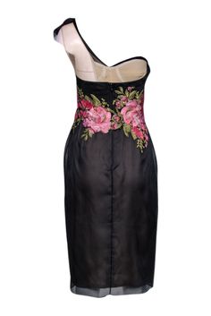 Stand out in style with the Marchesa black one-shoulder floral embroidered dress. This special occasion-ready dress features stunning floral embroidery on a black one-shoulder design. Complete the look with a pink jewel clutch and strappy heels for a glam and unique ensemble. Size 8 Mad in USA Shell 100% Nylon Top 100% Rayon Lining 100% Silk Invisible zipper back Beige mesh back Ruffled one-shoulder Boning in bodice Embroidered floral print Bust 30" Waist 29" Shoulder to hem 44" Summer Formal Evening Dress With Floral Embroidery, Summer Floral Embroidered Formal Evening Dress, Summer Floral Embroidery Formal Evening Dress, Chic Floral Embroidered Evening Dress, Chic Embroidered Dress With Floral Design For Evening, Off-shoulder Floral Applique Party Dress, Black One-shoulder Evening Dress For Spring, Black One-shoulder Mini Dress For Spring, Elegant Fitted One Shoulder Dress With Floral Print