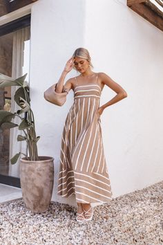 Brea Maxi Dress - Tan Stripe - Petal & Pup USA Summer Sundress With Straight Neckline For Vacation, Striped Beach Dresses With Tie Straps, Vacation Midi Dress With Tie Straps And Straight Neckline, Striped Vacation Dress With Tie Straps, Beige Maxi Dress With Adjustable Straps For Summer, Vacation Midi Dress With Adjustable Straps And Straight Neckline, Vacation Maxi Dress With Tie Straps And Straight Neckline, Striped Dresses With Tie Straps For Vacation, Casual Maxi Dress With Straight Neckline For Brunch