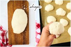 a person holding a doughnut in front of a baking sheet and another photo with the doughnuts ready to be baked