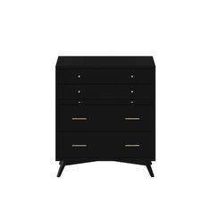 a black chest of drawers with gold handles on the top and bottom, against a white background