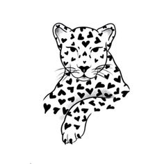 a black and white drawing of a leopard with hearts on it's chest, sitting down