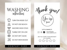 two business cards with the words wash your hands and thank you in black on them