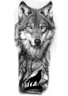 a drawing of a wolf in the woods