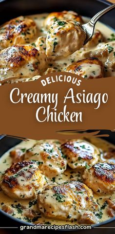 This creamy Asiago chicken recipe is packed with rich, savory flavors, with tender chicken breasts smothered in a smooth, cheesy sauce. Perfect for a cozy dinner! #CreamyChicken #AsiagoChicken #ChickenDinner #EasyDinnerRecipe #ComfortFood #CreamySauce