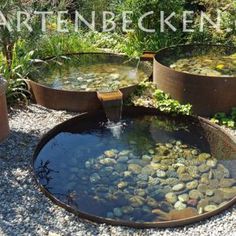 there are three large metal pots with water in them and plants growing out of them