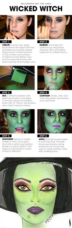 wicked witch, day of the dead and other make-up ideas - 15 Terrifying Halloween Makeup Tutorials To Take Your Costume To The Next Level Zombie Make Up, Halloween Makeup Witch, Terrifying Halloween, Creepy Halloween Makeup, Wicked Witch Of The West, Witch Of The West, Halloween Tutorial, Cool Halloween Makeup, Witch Makeup