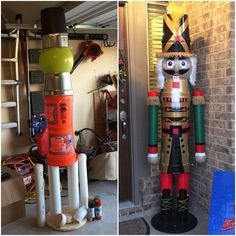 two photos of an inflatable nutcracker next to a fire extinguisher