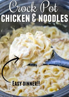 the crock pot chicken and noodles recipe is shown