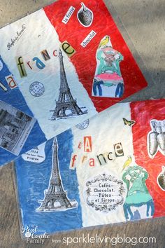 three pieces of paper with pictures of different countries on them and the eiffel tower in the background