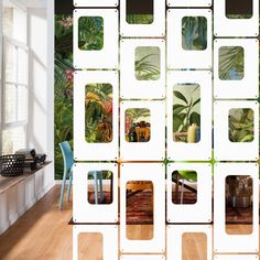 there are many different pictures on the wall in this room, including plants and vases