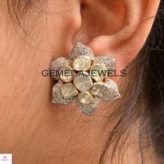 Sparkling Polki Diamond Flower Earrings, Pave Diamond Earrings, 925 Silver Stud Earrings, Gold Plated Jewelry, Diamond Flower Jewelry, Gifts Gross Weight: 11.36 gram Stone: Polki Diamond, Pave Diamond Earrings Size: 25X25 MM NOTE:- All The Products Are Designed And Manufactured In My Workshop By Me & My Team. Shown Products Are Purely Handmade. Custom Orders Are Open Handly Accepted. We Are Perfect Choice For Any Custom Jewelry Manufacturing. For Bulk Orders Please Message me. Visit My Store Diamond Flower-shaped Gemstone Earrings, Wedding Earrings With Gemstone In Flower Shape, Flower Shaped Gemstone Earrings For Wedding, Flower-shaped Gemstone Earrings For Weddings, Wedding Flower-shaped Gemstone Earrings, Gemstone Flower Earrings For Anniversary, White Gold Flower Shaped Earrings With Gemstones, Silver Flower Gemstone Earrings, Hallmarked Flower-shaped Wedding Earrings