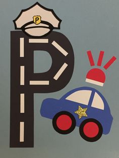 the letter p is for police with a car and hat on it's head