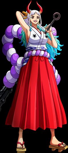 an anime character with horns and blue hair wearing a red skirt, holding a black umbrella