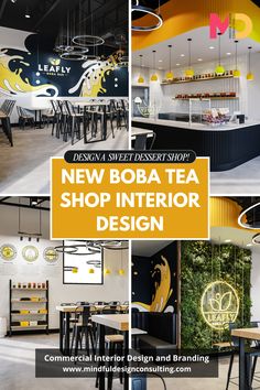 the new boba tea shop interior design is shown in three different photos, with yellow accents