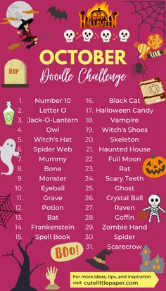 a poster with halloween items on it and the words october doodle challenge written below