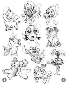 some cartoon animals with different expressions on their faces and body, all in black and white