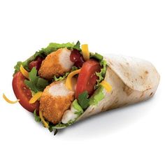 a wrap filled with chicken, lettuce and tomatoes