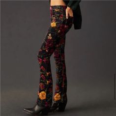 New With Tags Attached Anthropologie Pilcro Mid-Rise Velvet Skinny Jeans Size 25 Gorgeous Pants, Fit Like A Glove.. Some Stretch To It Black Motif Waist 13.5" Inseam 28" Length 37" Measured Side To Side, Flat Pants Fit, Pant Jumpsuit, Mid Rise, Jeans Size, Anthropologie, Floral Print, Women Jeans, Floral Prints, Velvet