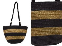 Enjoy the summer breeze with this vintage 90s woven brown black natural straw bag with rope straps. This color blocking summer shoulder purse features a straw material that is woven into a rectangular shape and has a brown and black color scheme. The purse has two rope straps that are attached to the sides and can be worn over the shoulder or across the body. The purse has a snap button closure and a fabric lining. This purse is in good condition and shows some signs of wear. This purse is made Summer Black Straw Bag With Braided Handles, Black Jute Straw Bag For Summer, Black Woven Straw Beach Bag, Black Woven Straw Basket Bag, Black Straw Bucket Beach Bag, Black Straw Shoulder Beach Bag, Black Straw Beach Bag With Braided Handles, Black Woven Basket Straw Bag, Black Jute Beach Bag For Summer