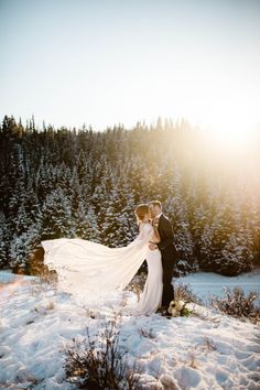 a bride and groom standing in the snow with their wedding dress blowing in the wind