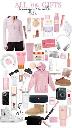 the contents of a woman's pink outfit and accessories