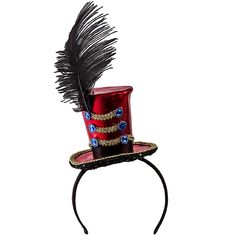 a red top hat with black feathers and beads on it's head stand, isolated against a white background