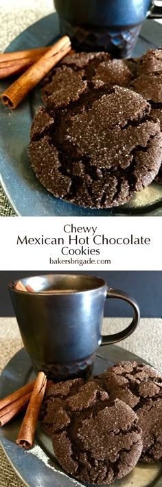 chocolate cookies on a plate with cinnamon sticks in the foreground and two pictures of them