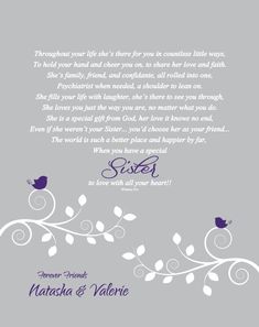 a wedding card with the words sister and father on it, in purple and white