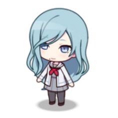 an anime character with blue hair wearing a white shirt and red bow tie, standing in front of a white background