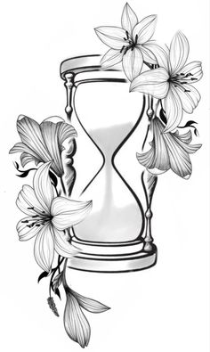 an hourglass with flowers and leaves on the bottom is drawn in black and white