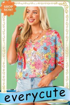 Multicolor Floral Print V Neck Half Sleeve Blouse Vibrant V-neck Blouse For Day Out, Trendy V-neck Blouse With Vibrant Print, Vibrant Print V-neck Top For Brunch, Multicolor Floral Print V-neck Top, Multicolor Floral Print V-neck Blouse, Chic Multicolor Printed Blouse, Chic Multicolor Print V-neck Blouse, Colorful V-neck Blouse For Vacation, Chic Multicolor Print Blouse For Day Out