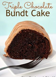 a chocolate bundt cake on a white plate with a fork and text overlay reads triple chocolate bundt cake six sisters'stuff