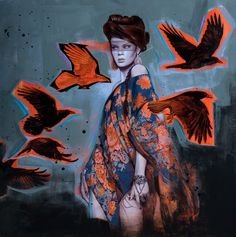 a painting of a woman with birds flying around her and the image is painted in blue, orange and black