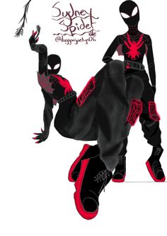 a drawing of two people in black and red outfits with spider - man on their backs