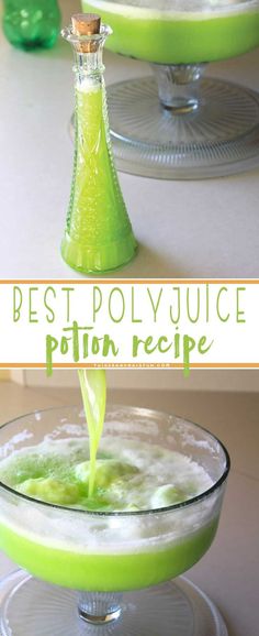 a green liquid being poured into a bowl with the words best polyjuice pottin recipe