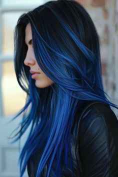 Dark Roots Blue Hair, Blue Dipped Hair, Fun Hair Color Ideas For Brunettes Blue, Blue Tipped Hair, Black Dyed Hair Ideas, Black To Blue Hair, Blue Highlights In Brown Hair, Cobalt Blue Hair, Blue Hair Styles