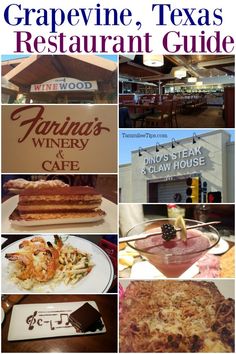 the grapevine texas restaurant guide is shown with pictures of food and drinks on it