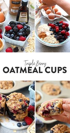 triple berry oatmeal cups with blueberries and raspberries