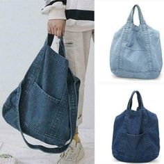 a person holding a denim bag with two different pockets on the front and one in the back