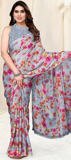 Purple and Violet color Saree in Chiffon fabric with Printed work Multicolor Spring Wedding Saree, Spring Party Saree With Floral Print, Summer Festive Chiffon Saree, Elegant Multicolor Chiffon Saree, Celebration Purple Georgette Pre-draped Saree, Purple Chiffon Saree, Purple Floral Embroidered Semi-stitched Saree, Festive Purple Pre-draped Cotton Silk Saree, Festive Purple Cotton Silk Pre-draped Saree