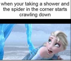 an image of a frozen princess with the caption saying when your taking a shower and the spider in the corner starts crawling down