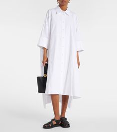 Dania cotton poplin shirt dress in white - Joseph | Mytheresa Classic White Cotton Midi Dress, Cotton Shirt Dress For Day Out, Classic Cotton Button-up Shirt Dress, Cotton Midi Shirt Dress With Placket, Chic Cotton Shirt Dress For Daywear, Cotton Midi Shirt Dress For Work, Cotton Midi Length Shirt Dress For Work, Spring Cotton Shirt Dress With Placket, Spring Cotton Shirt Dress With Spread Collar