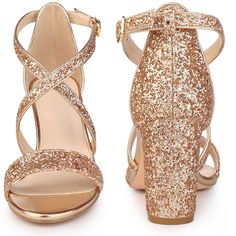 Are you looking for a versatile and stylish addition to your wardrobe? Look no further than these glitter-heeled sandals! Featuring a one-line strap and crisscross straps, these high-heeled sandals are sure to turn heads at your next party or special occasion. The chunky block heel provides comfort and stability, while the glittery finish adds a touch of glamour. With a buckle closure for a secure fit, these sandals are made to last with a glitter vamp, rubber outsole, and durable ABS heel. Befo Glitter Round Toe Sandals For Prom, Gold Glitter Sandals For Prom, Gold Glitter Ankle Strap Sandals, Gold Open Toe Sandals With Sequins, Glitter-accented Sandals With Round Toe For Prom, Glitter Accented Sandals For Prom, Glamorous High Heel Glitter Sandals, Gold Sparkling Block Heel Sandals, Glamorous Glitter High Heel Sandals