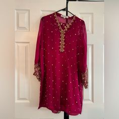 This Suit Is Brand New, Purchased When I Was Pregnant But Didn’t Used It. Beautiful Embroidery On Pants And Pearls All Over The Shirt. 3 Pieces In Total (Shirt, Under Shirt And Pants). Scarf Was Never Included When I Purchased It. No Low Balls Please This Suits Are Expensive. Silk Long Sleeve Salwar Kameez For Celebration, Long Sleeve Intricate Embroidered Salwar Kameez For Celebration, Long Sleeve Salwar Kameez With Intricate Embroidery For Celebration, Elegant Long Sleeve Salwar Kameez For Celebration, Celebration Long Sleeve Salwar Kameez With Intricate Embroidery, Pink Long Sleeve Salwar Kameez For Celebration, Elegant Floral Embroidery Salwar Kameez For Celebration, Silk Dress With Intricate Embroidery For Celebration, Embroidery On Pants