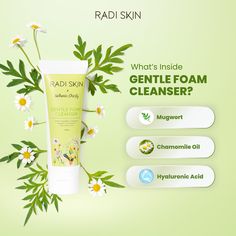 a tube of radiskin gentle foam cleanser with daisies on the side